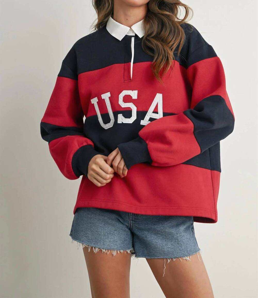 NEW GOLDEN isadora striped collared long sleeve top in navy red